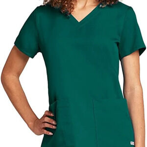 Barco Grey's Anatomy Women Scrub Top Small Green Two Pocket V-Neck Shirring Back
